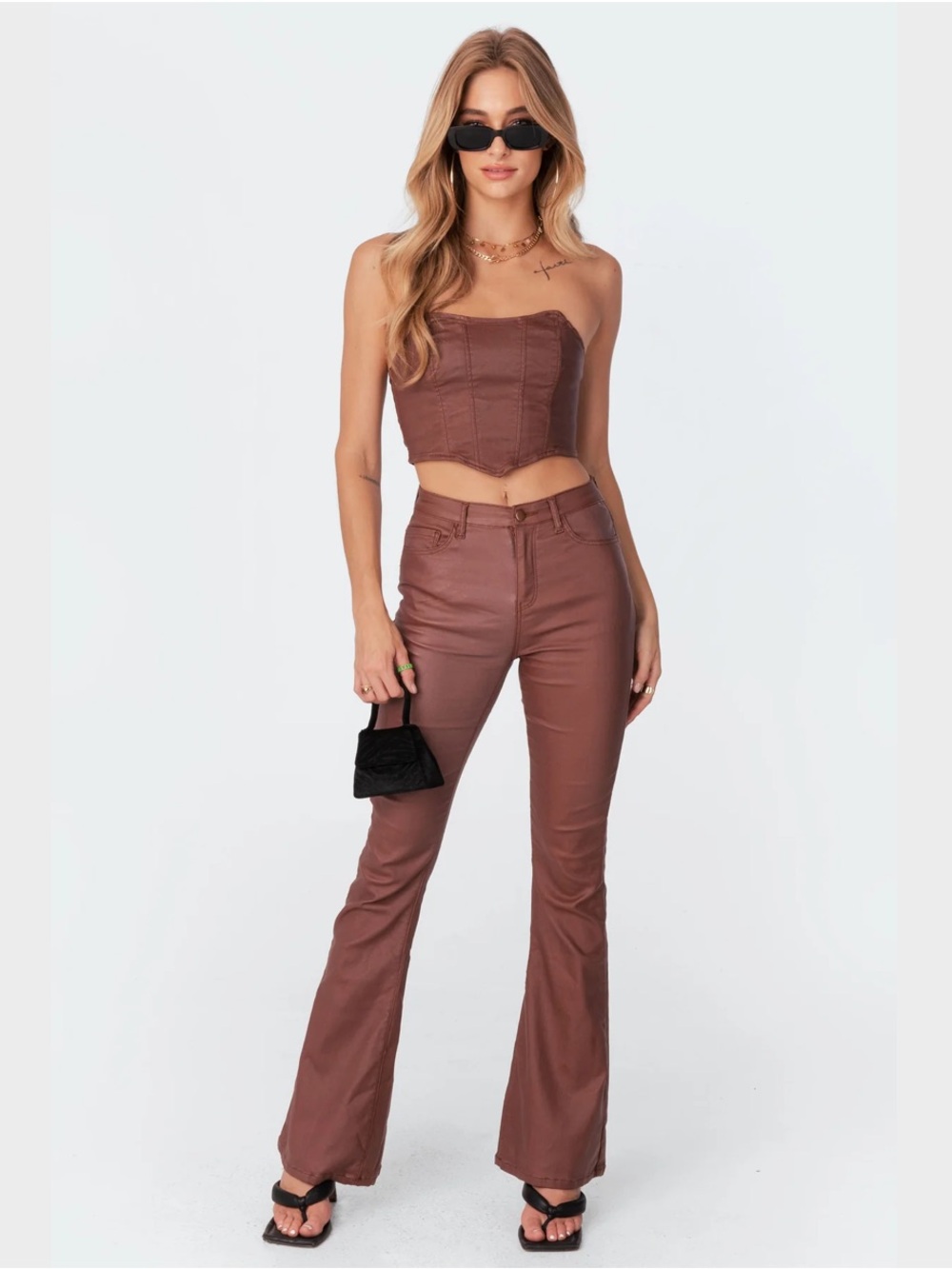 Edikted Luna Faux Leather Mid Rise Flared Jeans in Brown